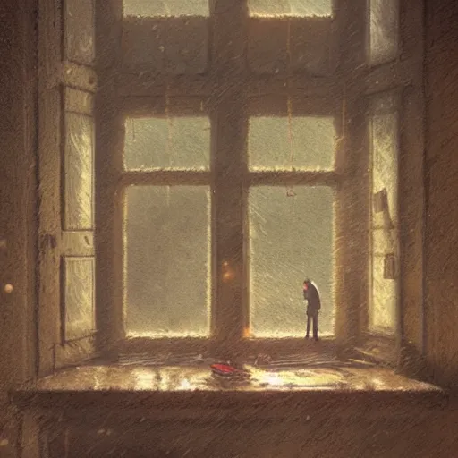 Image similar to A day inside when it is rainy, rainy window, warm colors, sepia, by Greg Rutkowski and studio ghibli