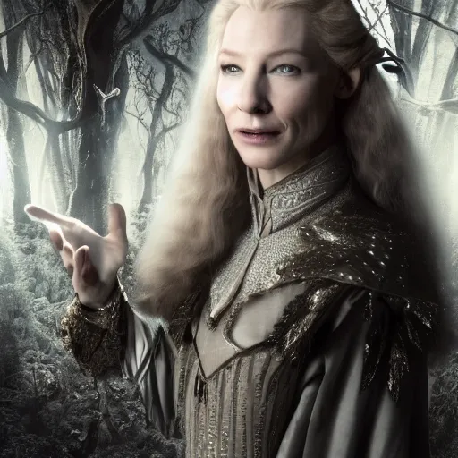 Prompt: portrait of mischievous, enigmatic!!, dangerous young Galadriel (Cate Blanchett) as a queen of elves, dressed in a refined silvery garment. The background is a dark, chilling eastern european forrest. night, horroristic shadows, higher contrasts, (((lumnious))), theatrical, mysterious, character concept art by ruan jia, (((thomas kinkade))), and J.Dickenson, trending on Pinterest, ArtStation