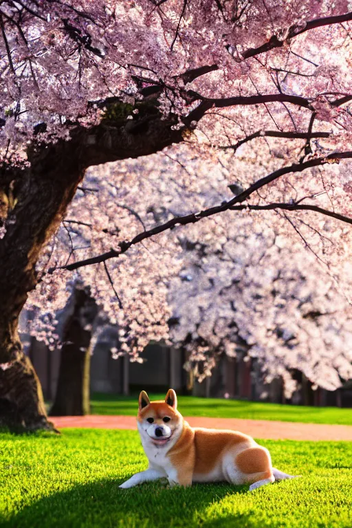 Prompt: shiba inu puppy sits under cherry blossom tree, cinematic light, 8k photography