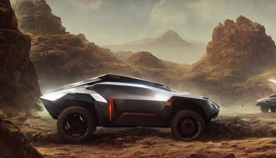 Image similar to a futuristic offroad suv designed by apple on socotra island, artgerm and greg rutkowski and alphonse mucha, an epic fantasy, volumetric light, detailed, trending on art station, octane render, midsommar