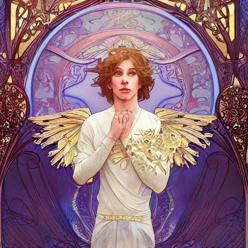 Image similar to an angelic boy, highly detailed, very intricate, art nouveau, gold filigree, romantic storybook fantasy, soft cinematic lighting, award winning, disney concept art watercolor illustration by mandy jurgens and alphonse mucha and alena aenami, pastel color palette, featured on artstation