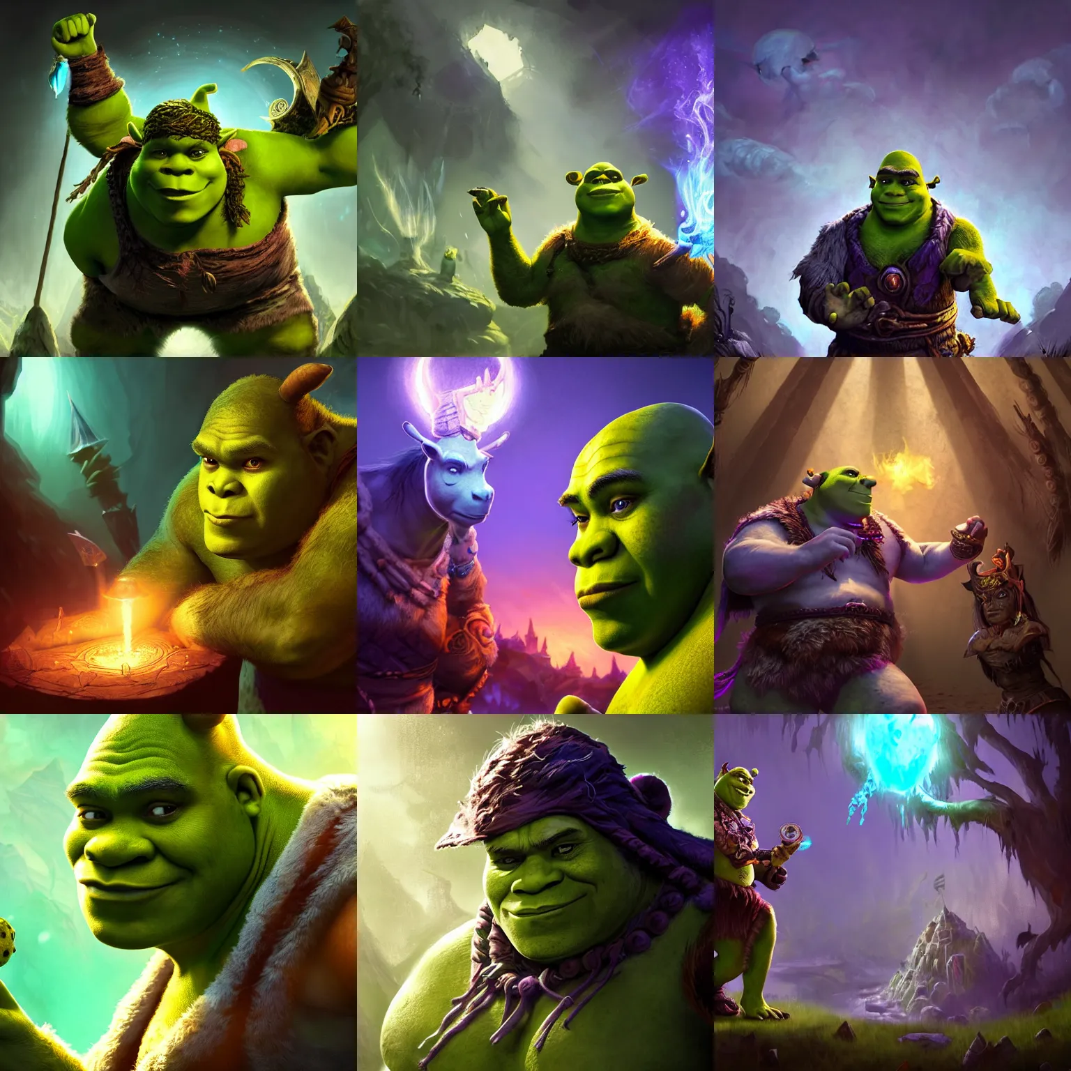 Prompt: portrait of shrek as a shaman doing voodoo, witchcraft, league of legends amazing splashscreen artwork, dungeons and dragons, splash art, natural light, elegant, photorealistic facial features, intricate, fantasy, detailed face, atmospheric lighting, anamorphic lens flare, cinematic lighting, league of legends splash art, hd wallpaper, ultra high details by greg rutkowski