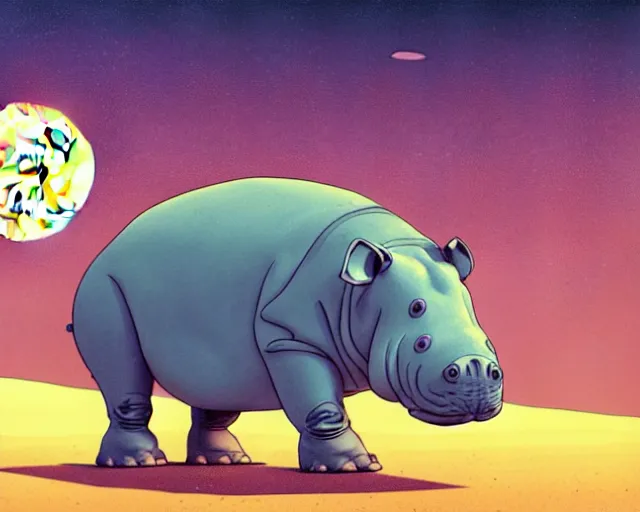 Prompt: a study of cell shaded cartoon of a mechanical hippo on a desert road, in front of a big moon illustration, wide shot, subtle colors, post grunge, concept art by josan gonzales and wlop, david rubin, mike mignola, laurie greasley, highly detailed, sharp focus, trending on artstation, hq, deviantart, art by artgem