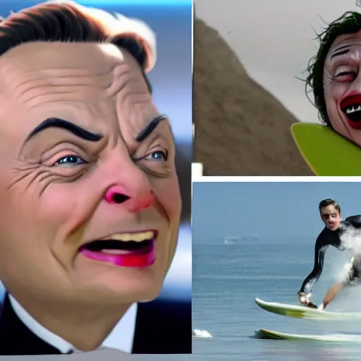 Image similar to surfing elon musk as mr. bean as the joker from batman, surfing still from batman vs bean at the beach, 2 0 2 0