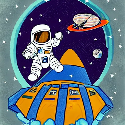 Image similar to An astronaut in space riding on a rocket, in the style of bruce ricker