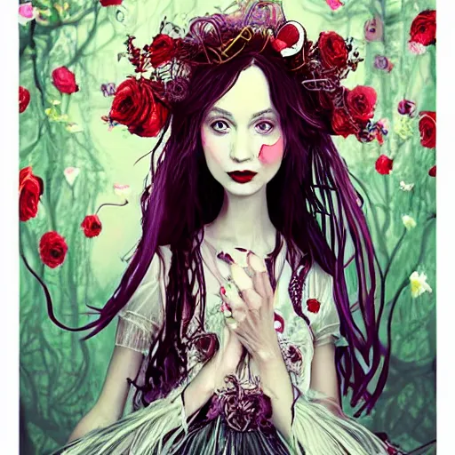 Image similar to Alice in Wonderland at the tea party, she looks like a mix of Grimes and zoë kravitz, very long fingernails, childlike, hair and dress billowing dramatically in the wind, wearing heaving stacks of pearl necklaces, surrounded by red and white roses, digital illustration, inspired by a stylistic blend of Aeon Flux, Japanese shoujo manga, and John singer Sargent paintings, hyper detailed, dreamlike, otherworldly and ethereal!!!!! delicate, flower petals, super photorealistic!! extremely fine inking lines, gradient colors