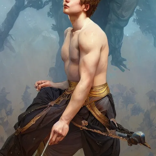 Prompt: young boy, song of Patrokles and Achilles, gorgeous, amazing, feminine, elegant, intricate, highly detailed, digital painting, artstation, concept art, sharp focus, illustration, art by artgerm and greg rutkowski and alphonse mucha