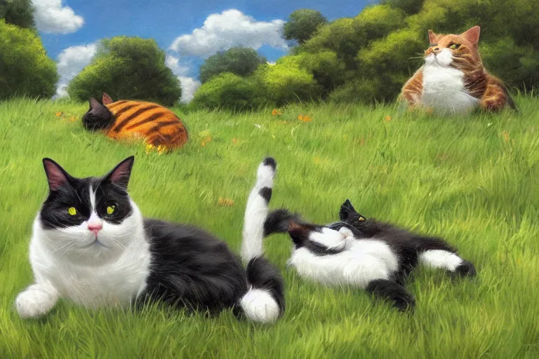 Image similar to a fat black and white male cat and a smaller tortoiseshell female cat both sleeping peacefully together in a beautiful green meadow, dreamy puffy clouds, painted by Tyler Edlin