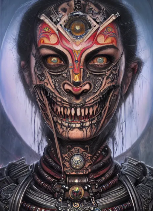 Image similar to hyper detailed masterpiece undead aztec face tattoo warrior by donato giancola and tom bagshaw, face by artgerm and edmund leighton, and h. r. giger, trending on artstation, colorful, psychedelic aesthetic, ornate, background by james jean, 8 k, biomechanical, majestic, volumetric lighting, porcelain skin, concept art, sharp focus