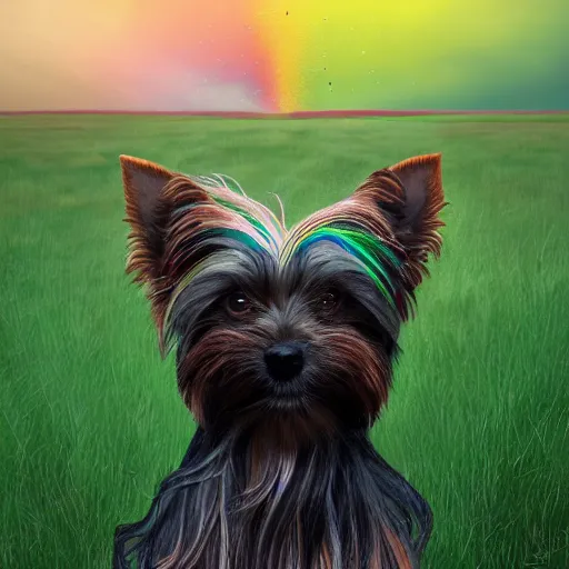 Image similar to head and shoulders portrait of modern darna, yorkshire terrier in a green field with a rainbow above, intricate, elegant, dark vibes, highly detailed, digital painting, artstation, glamor pose, concept art, smooth, sharp focus, illustration, art by wlop, mars ravelo and greg rutkowski