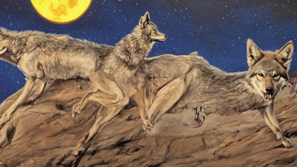 Image similar to epic oil painting of a close up of a highly detailed David Bowie riding a (wolf) at night, on top of a large cliff, with the full moon in the background, highly detailed