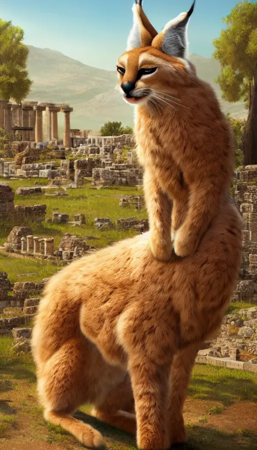 Image similar to fullbody photo of cute fluffy caracal as alexander the great, ancient greek city, sun behind him, sunny day, by ilya kuvshinov, rtx rendering, octane render 1 2 8 k, maya, extreme high intricate details by tom bagshaw, medium shot, close up shot, composition by sana takeda, lighting by greg rutkowski