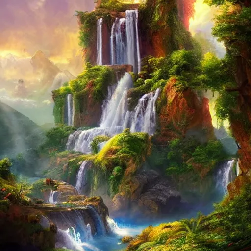 Prompt: landscape with waterfalls and stunning light and cheerful colors, epic composition, cinematic lighting, masterpiece, trending on artstation, very very detailed, masterpiece, stunning