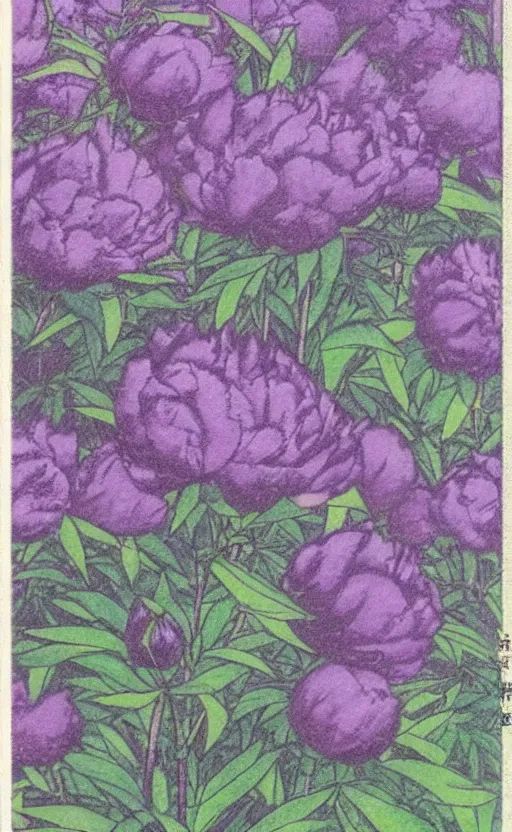 Prompt: by akio watanabe, manga art, peony outside window, lavender blue color, trading card front