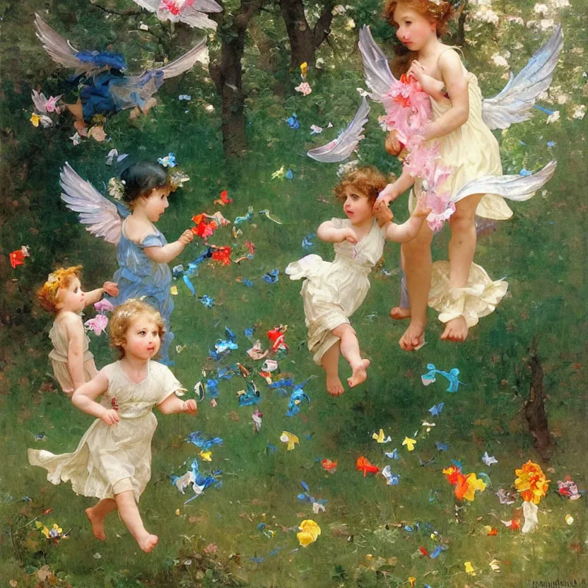 Image similar to idyllic cute toddler children with iridescent wings running through whimsical forest landscape with lollypops, streamers, balloons, blue sky, flowers. dreamlike fantasy painting by norman rockwell, bouguereau. trending on artstation.