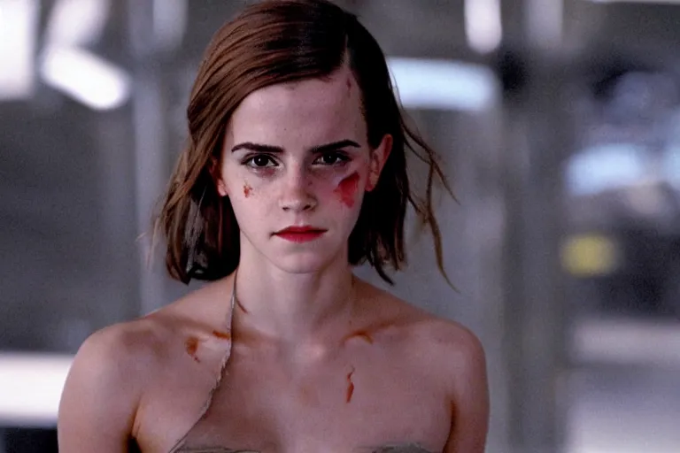 Image similar to a cinematic still of Emma Watson as The T-1000 . Terminator 2 Judgement Day.