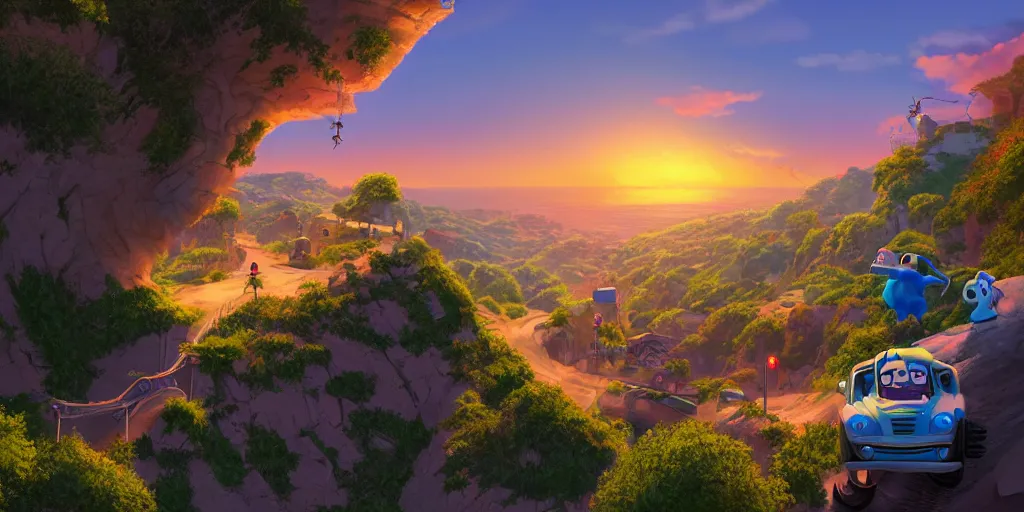 Prompt: epic professional digital art of a lonely street on a cliff over the sea at sunset, highly detailed, pixar movie, in the style of toy story, trending at artstation