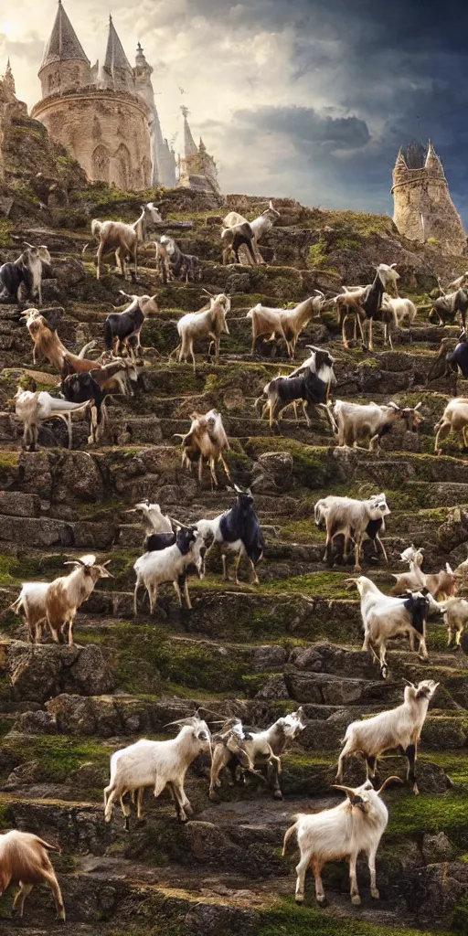 Image similar to a herd of goats! on stairs in a beautiful fantasy cathedral, medieval citadel, medieval castle, many goats, magic, tall towers, gorgeous clouds, colorful, open space, sunrays, digital painting, landscape, octane render, unreal engine, high detail, very realistic