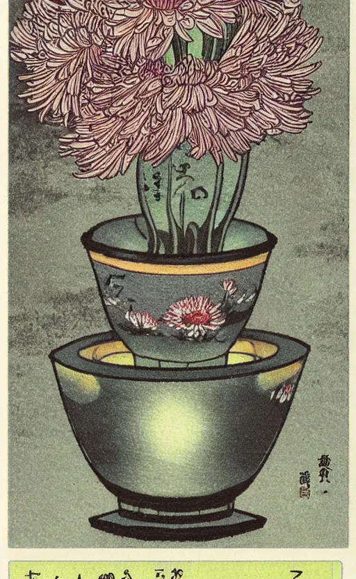 Prompt: by akio watanabe, manga art, chrysanthemum inside sake cup top of japanese table, trading card front