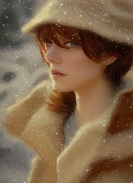 Prompt: emma stone in beige coat, close up portrait, winter new york, snow, artwork by gaston bussiere, craig mullins, trending on artstation