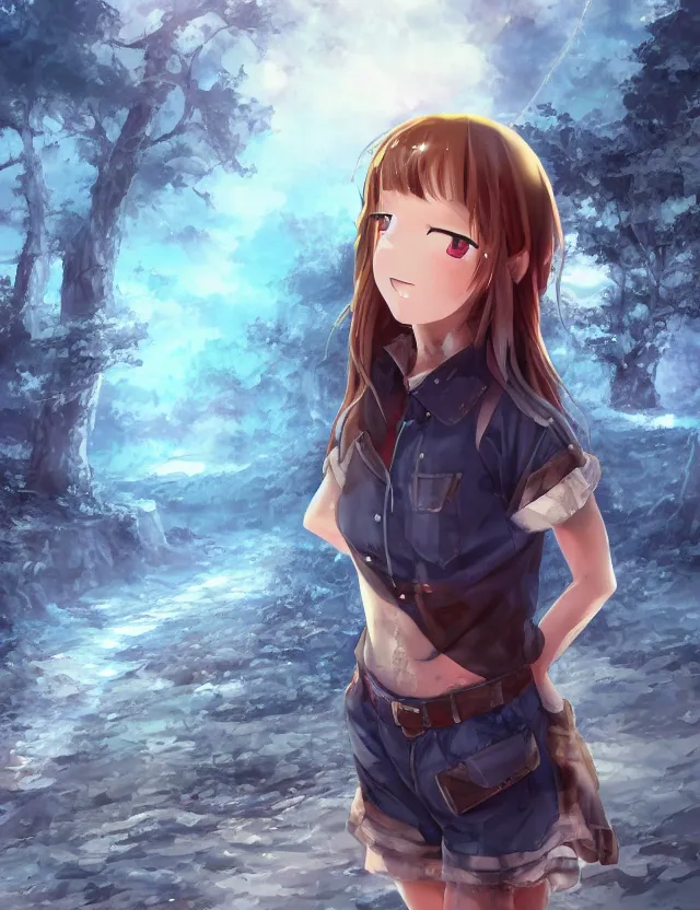 Image similar to scenic wide angle portrait of a teenage girl in a coal mine, blue jeans outfit, anime in fantasy style, trending artwork, made with anime painter studio, by anato finstark, tony sart, marc simonetti and an anime artist, collaboration