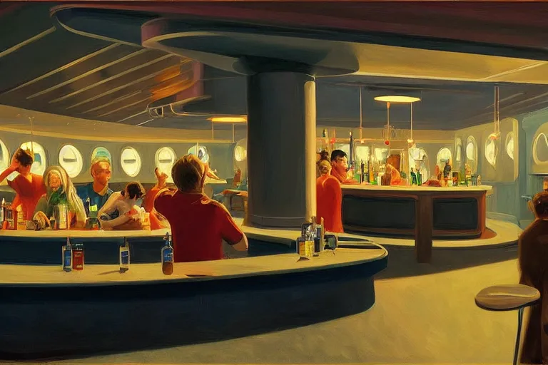 Prompt: a space station bar in jupiter with humans and aliens interacting and drinking, artstation, concept art by edward hopper, colorful lighting