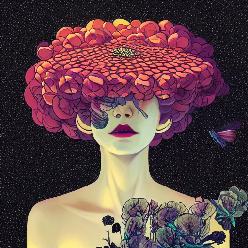 Prompt: giant flower head on woman, surreal photography, dramatic light, painting by victo ngai, james jean, rossdraws, frank franzzeta, mcbess