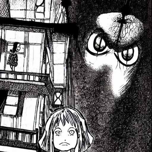 Prompt: a haunted house, by junji ito