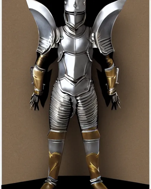 Image similar to suit of fantasy armor, clean silver armor with gold trim, flat shading, professional digital art, extremely high-quality