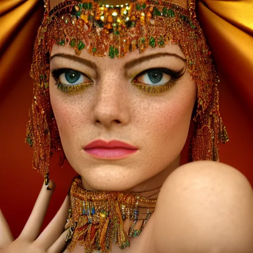 Prompt: a close up portrait of emma stone, she is dressed as a belly dancer,, arabian night, in focus sharp face with fine details, anatomically correct hands by albrecht durer, volumetric lightening, octane render, high quality, fully detailed, 4 k, alphonse mucha, masterpiece, stunning