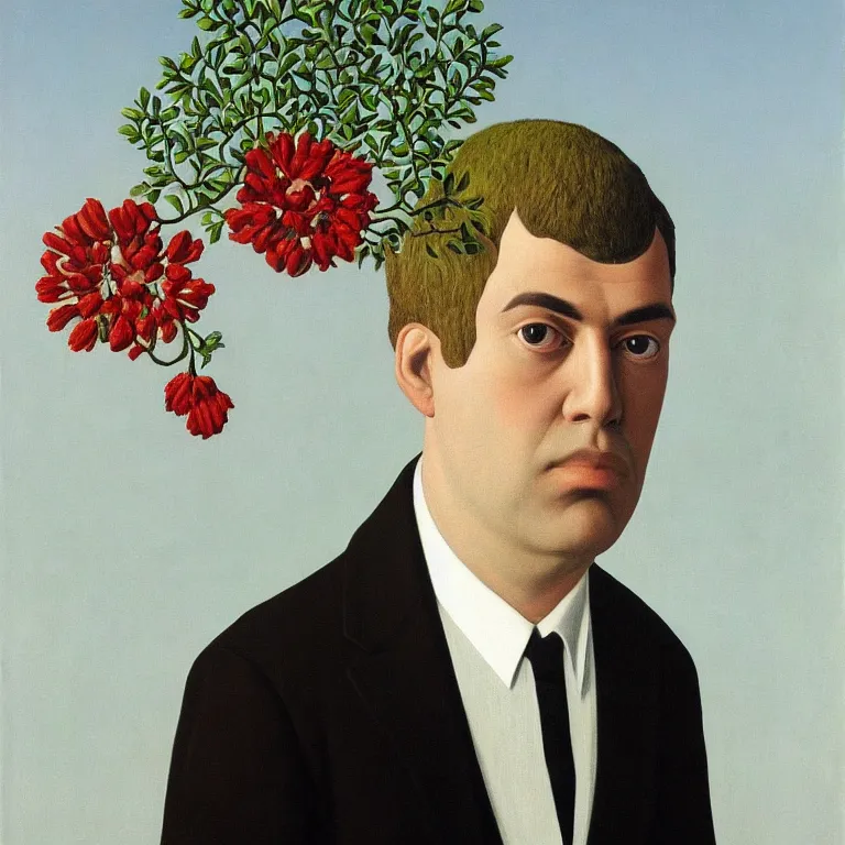 Prompt: portrait of man in a suit that has flowers hiding his head by rene magritte, detailed painting, hd, hq, high resolution, high detail, 4 k, 8 k