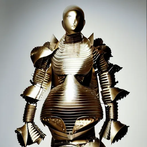 Image similar to Battle armor designed by Frank Gehry, fashion photography