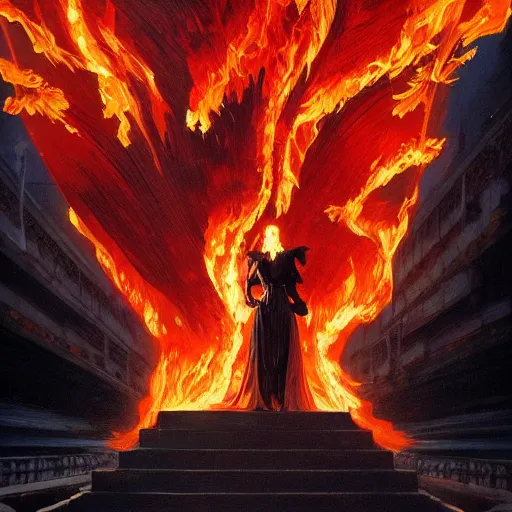 Prompt: a gargoyle in silhouette wearing a flowing gown made of fire, engulfed in a whirling fire tornado firestorm, emitting smoke and sparks, fantasy, cinematic, fine details by realistic shaded lighting poster by ilya kuvshinov katsuhiro otomo, magali villeneuve, artgerm, jeremy lipkin and michael garmash and rob rey