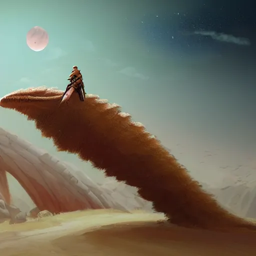 Image similar to ( peter griffin ) riding on the back of a worm from ( dune ), fantasy art, landscape art, in the style of greg rutkowski, illustration, epic