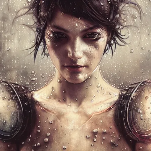 Prompt: portrait of punk cyborg woman, water particles floating in the air, finely detailed facial features, weathered drawing, film grain, painted art by tsuyoshi nagano, greg rutkowski, artgerm, alphonse mucha, spike painting