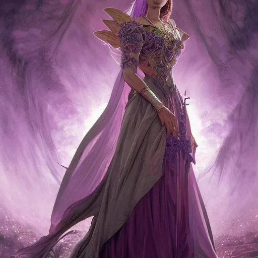 Image similar to an extremely detailed matte painting of a demon queen in a resplendant and beautiful purple dress as a masquerade ball, epic fantasy, viewed in profile from far away, sharp focus, detailed face, art by greg rutkowski and alphonse mucha, volumetric lighting, 4 k resolution, artstation