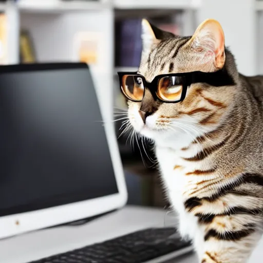 Prompt: a wide photo of a cat wearing glasses making an important phone call while sitting in front of its computer at its desk, angry phone call to tec support