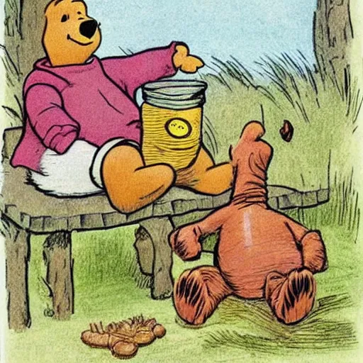 Prompt: musclebound winnie the pooh eating a jar of steroids, with piglet looking on in horror, wholesome, family friendly, classic children's illustration, e. h. shepard