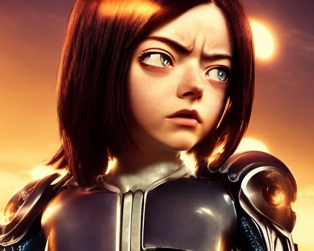 Image similar to a film still from battle angel alita played by actress emma stone, portrait, beautiful, cinematic lighting, photorealistic, hyperrealistic, highly detailed, close - up, high resolution, 4 k