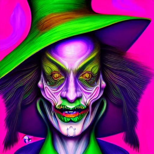 Prompt: An extremely psychedelic portrait of the Wicked Witch, surreal, LSD, face, detailed, intricate, elegant, lithe, highly detailed, digital painting, artstation, concept art, smooth, sharp focus, illustration