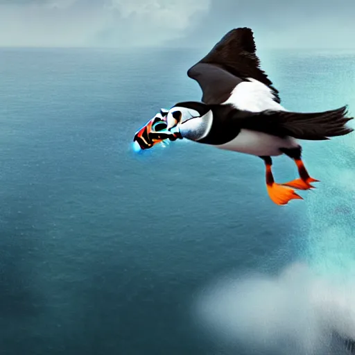 Image similar to puffin surfing, cinematic, cinematic lighting, trending on Artstation, Cgsociety, detailed, 4k, very realistic