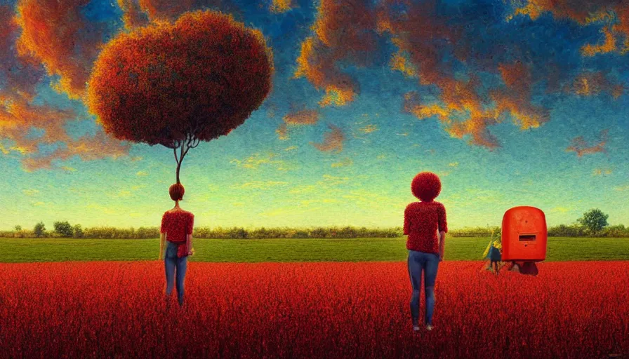 Image similar to giant red carnation afro head, full body, girl watching sunset, empty wheat field, surreal photography, colorful clouds, tree, impressionist painting, colorful clouds, digital painting, pointillism, artstation, simon stalenhag