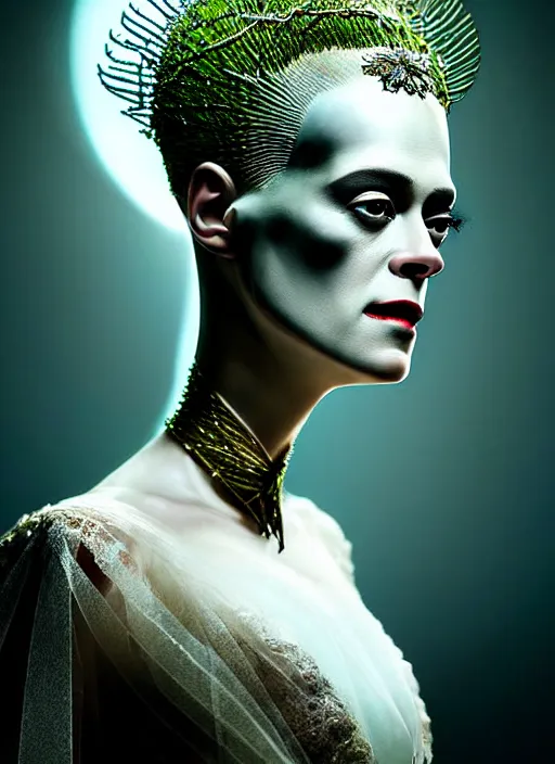 Prompt: portrait of kristen mcmenamy as a beautiful gentle futuristic bride of frankenstein from the movie bride of frankenstein, kintsugi, modern fine art, fractal, intricate, elegant, highly detailed, digital photography, subsurface scattering, by jheronimus bosch and greg rutkowski