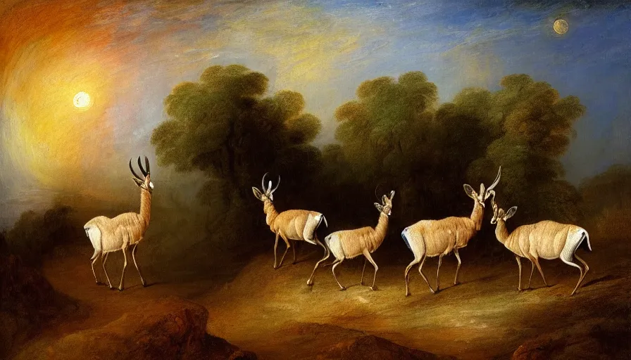 Image similar to highly detailed painting of antelopes in a small square flower garden on the dry grey cratered surface of the moon by william turner, thick brush strokes and visible paint layers, 4 k resolution