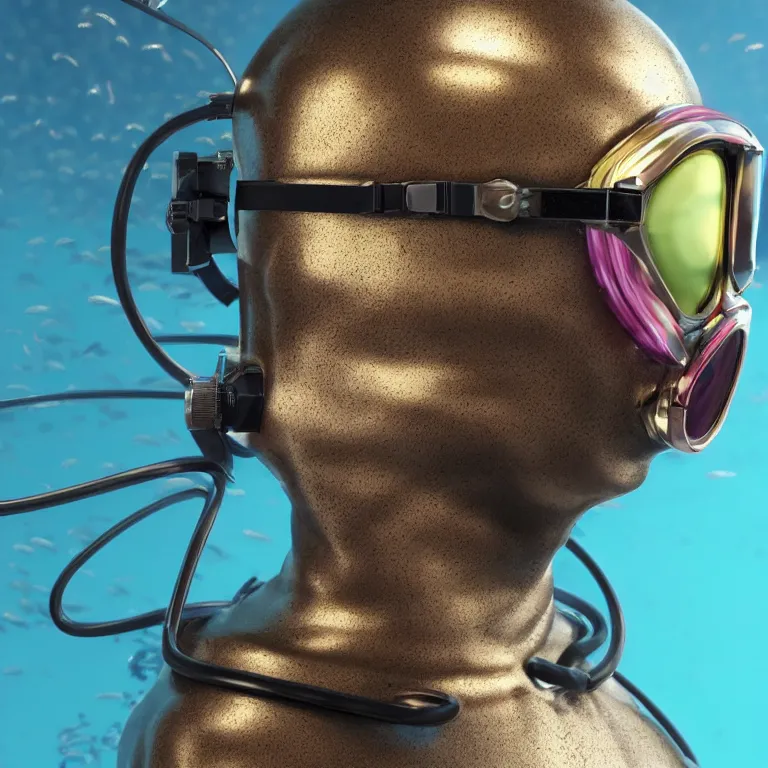 Prompt: octane render portrait by wayne barlow and carlo crivelli and glenn fabry, subject is a futuristic scuba diver with a shiny reflective brass metal helmet with colorful reflective goggles with two long black ribbed rubber hoses, inside a coral reef aquarium full of exotic fish, cinema 4 d, ray traced lighting, very short depth of field, bokeh