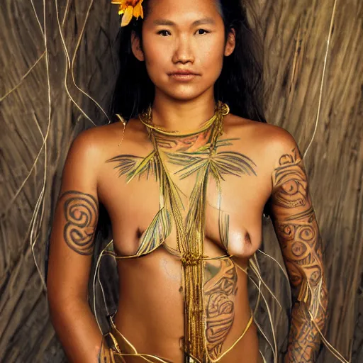 Prompt: A perfect pacific islander female goddess stands for a waist up portrait with her body sightly wrapped in thin gold wire creatively arranged so as to look like Borneo tattoos, in an abandoned barn, hyper photo realistic 8K HD HDRI, photo by Annie Leibovitz.