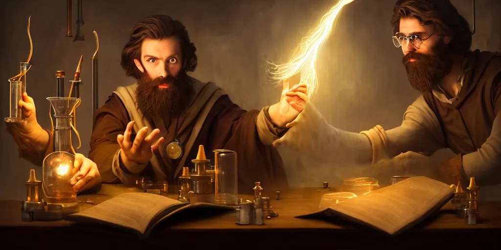 Prompt: a handsome bearded caucasian male sorcerer with brown hair he is casting a spell from a open book on the table, he is in a alchemist lab filled with beakers and equipment, neutral pose, epic composition, 4 k, light rays, super coherent, by dave melvin 1. 0 | dan luvisi 2. 0 | greg rutkowski 0. 5