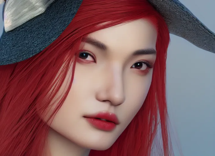 Image similar to stunning render portrait of a beautiful oriental woman with red hair wearing a hat, her eyes are green. 4 k, daz, octane, zbrush, maya, 8 k, artstation.