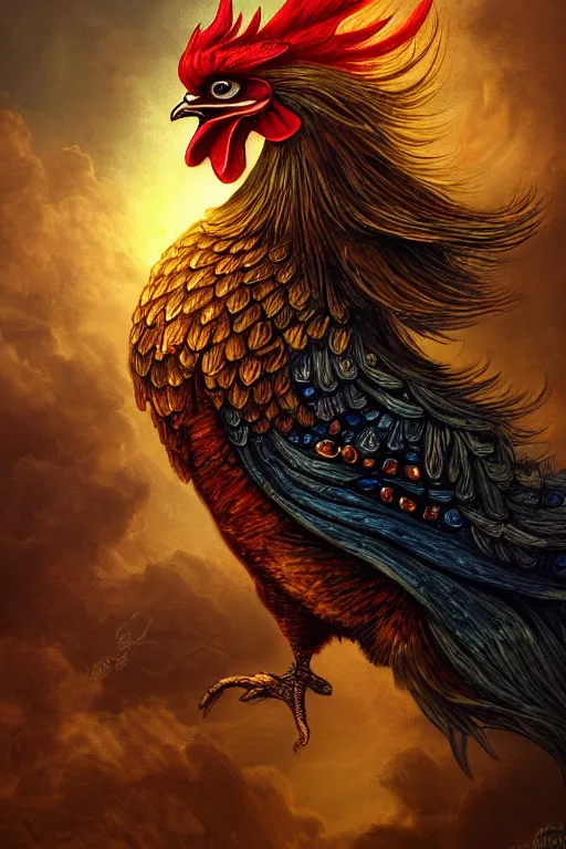 Image similar to a beautiful tarot card artwork of a rooster, wearing knight armour!, horror, backlit, gloomy sky, highly detailed, digital painting, intricate golden threads, by kevin siembieda, vivid colors, detailed shading, 8 k resolution, intricate, smooth