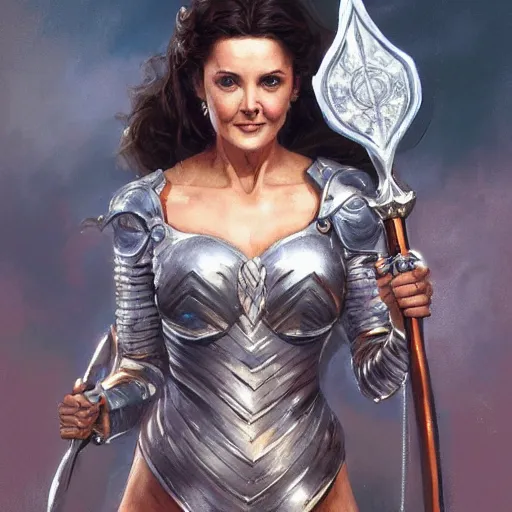 Prompt: A painting of young Lynda Carter wearing a intricate silver armor and holding Excalibur by nuri iyem, james gurney, james jean, greg rutkowski, anato finnstark. hyper detailed